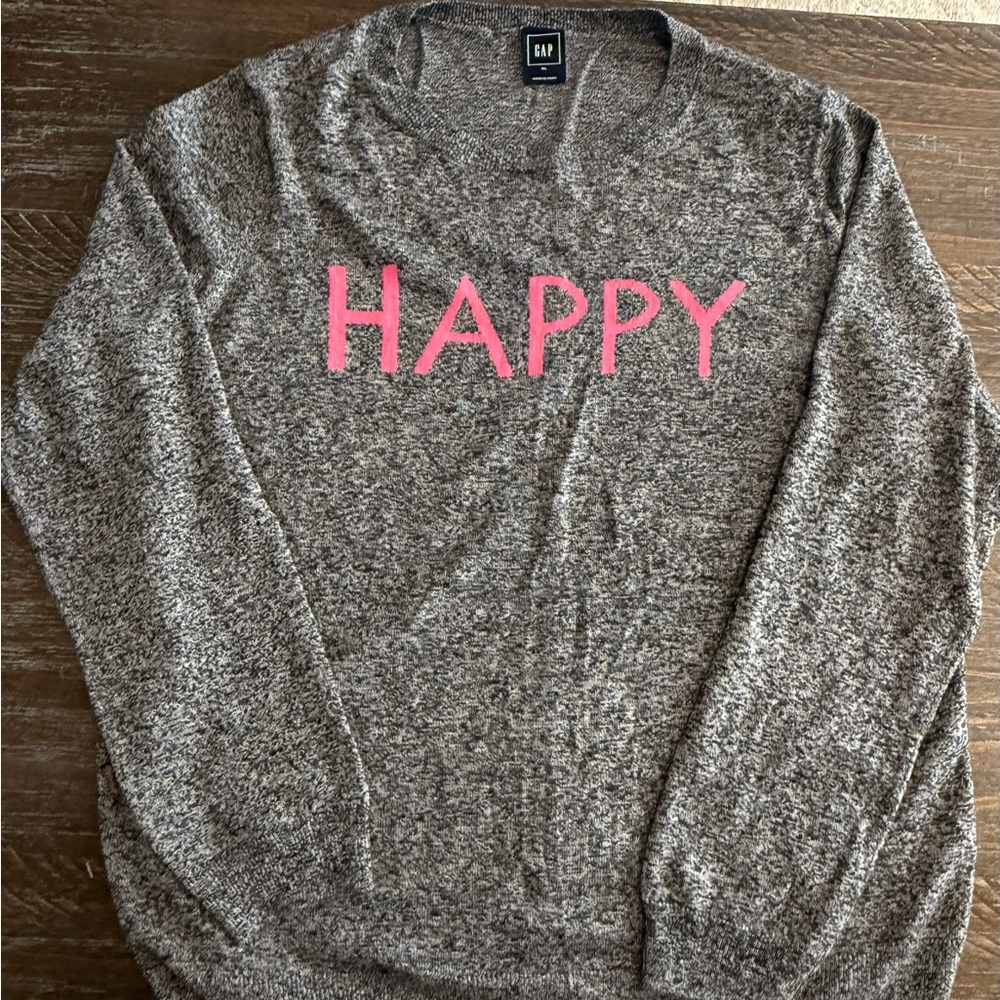GAP Gray Cashmere Sweater with Pink 'HAPPY' Text